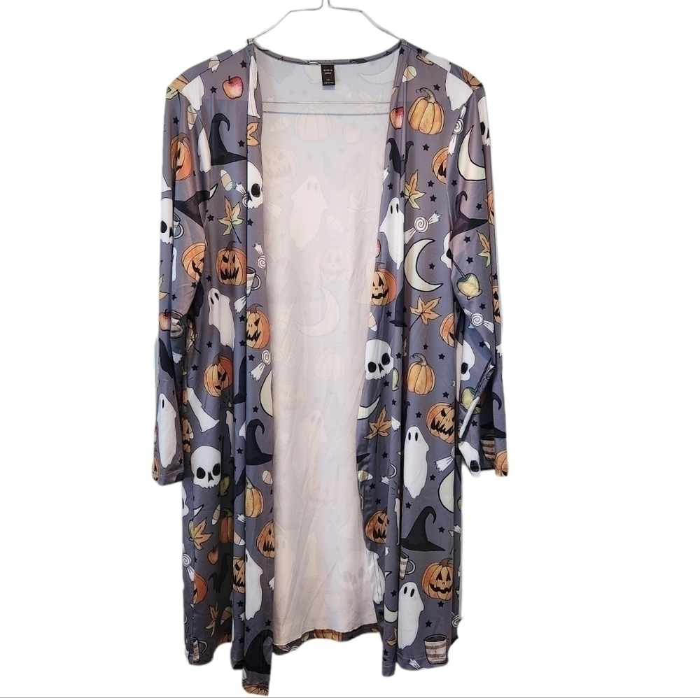 Halloween Open Front Long Cardigan Jacket (20 US) 4XL Gray, Black, White, Orange
